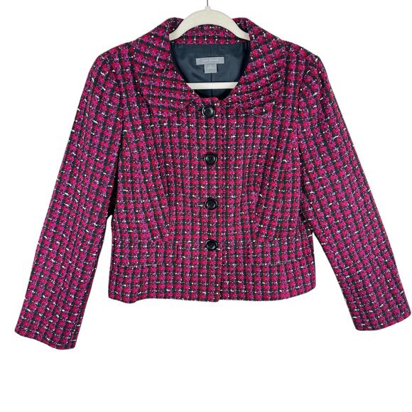 Ann Taylor Pink Black Checkered Collared Button Up Tweed Cropped Jacket Size 12 - Picture 1 of 5